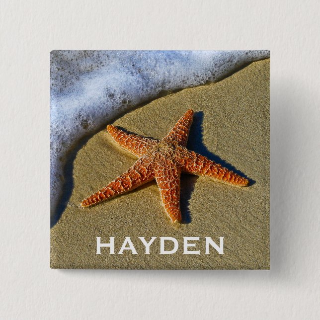 Single Starfish on Beach Personalised 2 Inch Square Button (Front)