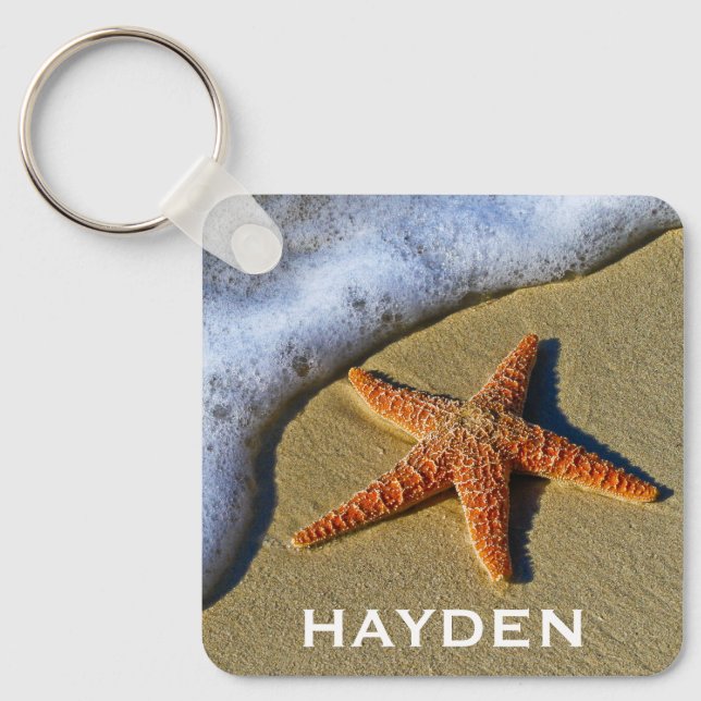 Single Starfish on Beach Personalised Keychain (Front)