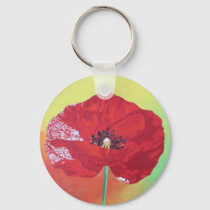 Single Stem Poppy On Red Green And Orange Backgrou Keychain