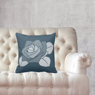 Single Stylized 3 Leaves Blue Rose Blossom Throw Pillow