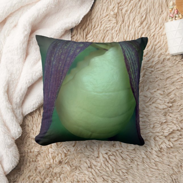 Single White Lady Slipper Orchid Flower Close Up Throw Pillow (Blanket)