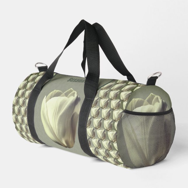 Single White Tulip Flower Personalized Duffle Bag (Right Corner)