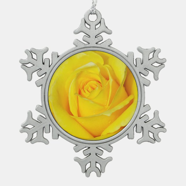 Single yellow rose pewter snowflake ornament (Front)