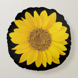 Single Yellow Sunflower on Black Round Pillow