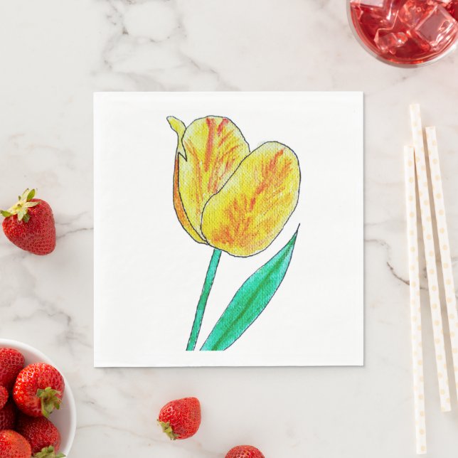 Single Yellow Tulip Red Highlights Napkin (Insitu)
