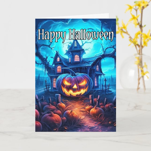 Sinister Glowing Pumpkin Happy Halloween Card (Yellow Flower)