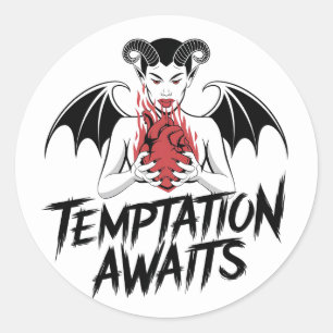 Sinister Gothic Demon Design - Temptation Awaits Classic Round Sticker