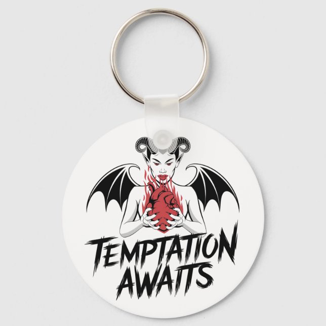 Sinister Gothic Demon Design - Temptation Awaits  Keychain (Front)