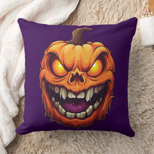 Sinister Grinning Pumpkin Head Throw Pillow (Blanket)