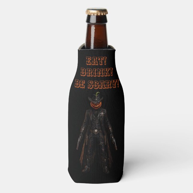Sinister Pumpkin Sheriff Cowboy Jack-o'-Lantern Gr Bottle Cooler (Bottle Front)