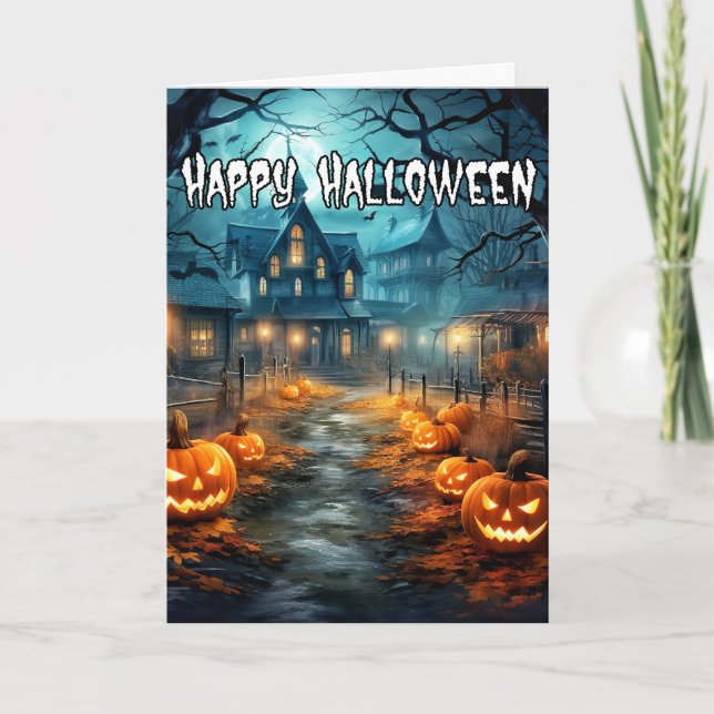 Sinister Pumpkins Haunted House Happy Halloween Card (Front)