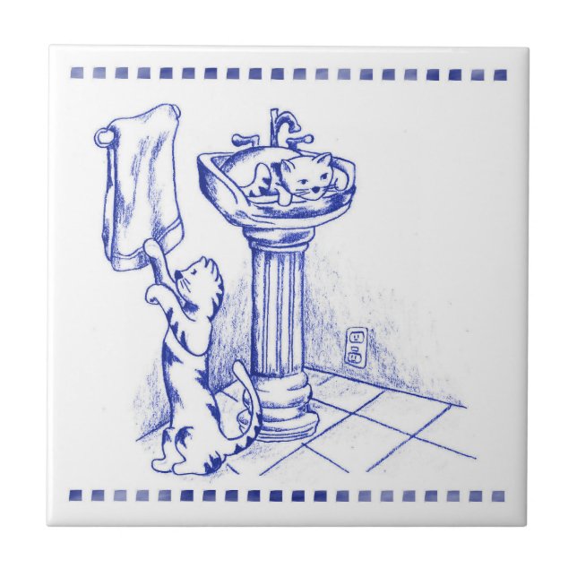 Sink and Towel Kitty Cat Bathroom Toile Look Tile (Front)