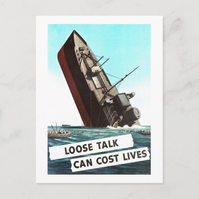 Sinking Ship "Loose Talk" Warning Vintage Postcard (Front)