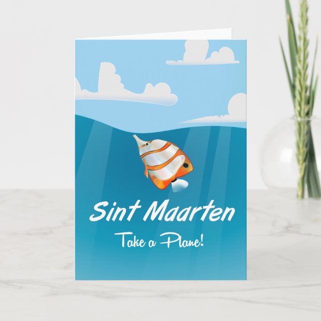 Sint Maarten holiday travel poster cartoon. (Front)