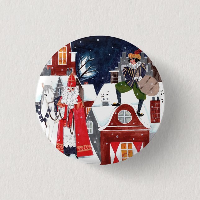 Sinterklaas and Piet on the roofs of Amsterdam 1 Inch Round Button (Front)