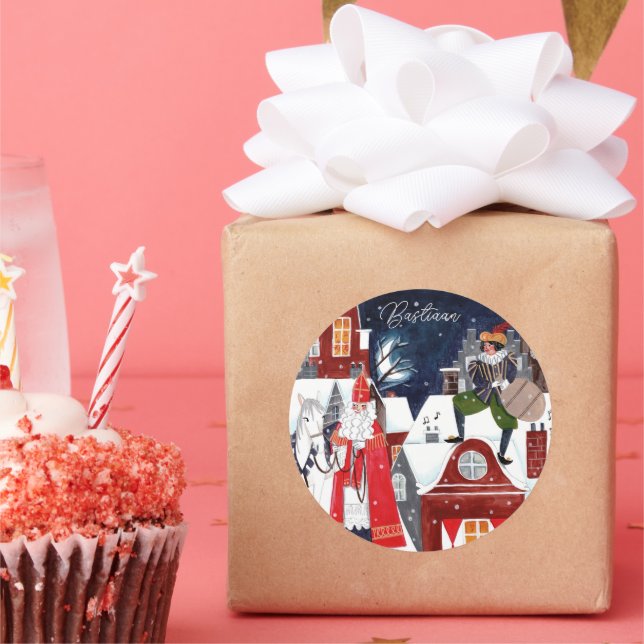 Sinterklaas and Piet on the roofs of Amsterdam  Classic Round Sticker (Party)