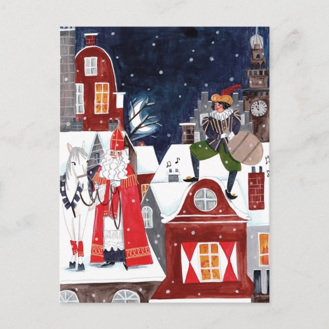 Sinterklaas and Piet on the roofs of Amsterdam Holiday Postcard (Front)