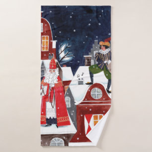 Sinterklaas and Piet on the roofs of Amsterdam Pos Bath Towel