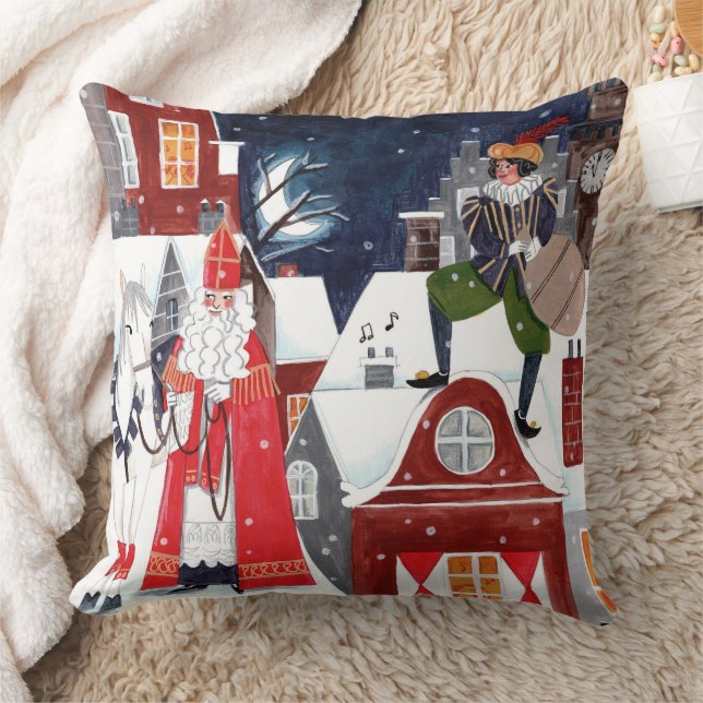 Sinterklaas and Piet on the roofs of Amsterdam  Throw Pillow (Blanket)