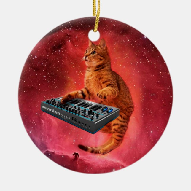 Sinthesizer cat in red space ceramic ornament (Front)