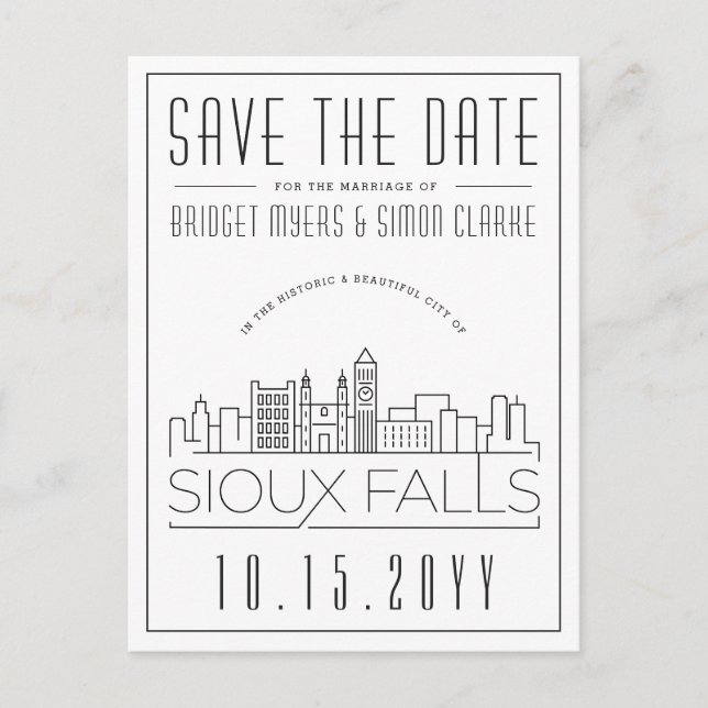 Sioux Falls Wedding Stylized Skyline Save the Date Postcard (Front)