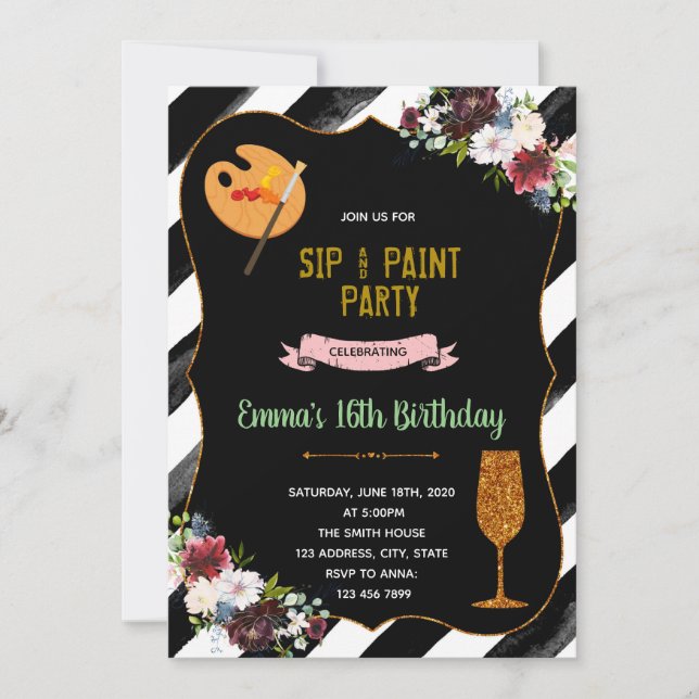 Sip and paint 16th birthday invitation (Front)