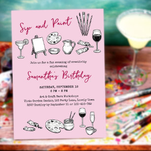 Sip and Paint Art and Wine Birthday Party Invitation