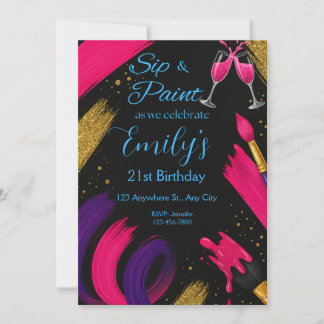Sip and Paint Black & Rose Anniversaire Invitation