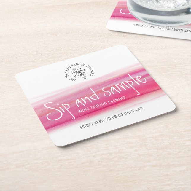 Sip and sample red wine tasting paper coasters (Angled)