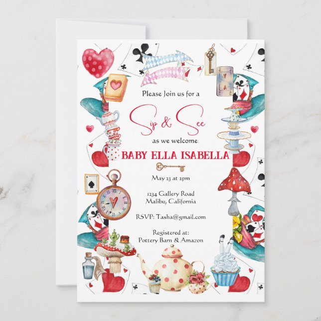 Sip and See Alice tea Party Invitation (Front)