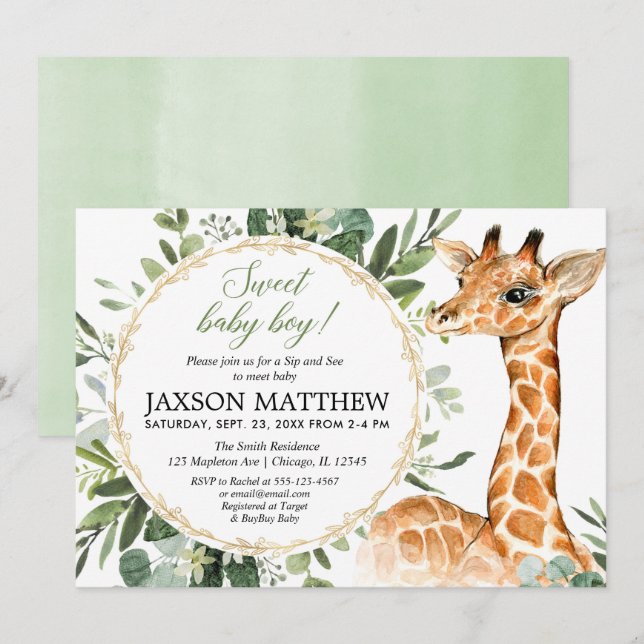 Sip and See Baby boy, giraffe baby shower Invitation (Front/Back)