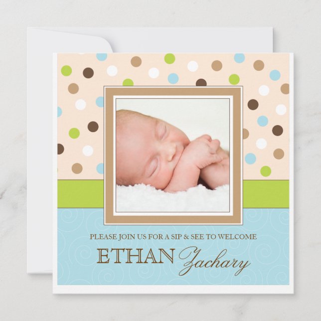 Sip and See Baby Boy Photo PolkaDot Invitation (Front)