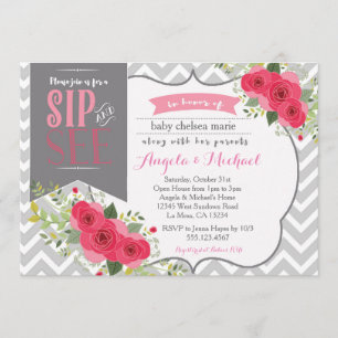 Sip and See Baby Girl Shower Invitation Pink