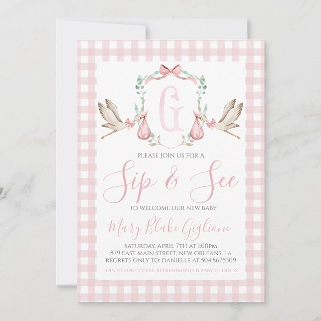 Sip and See Baby Girl Watercolor Stork Invitation (Creator Uploaded)