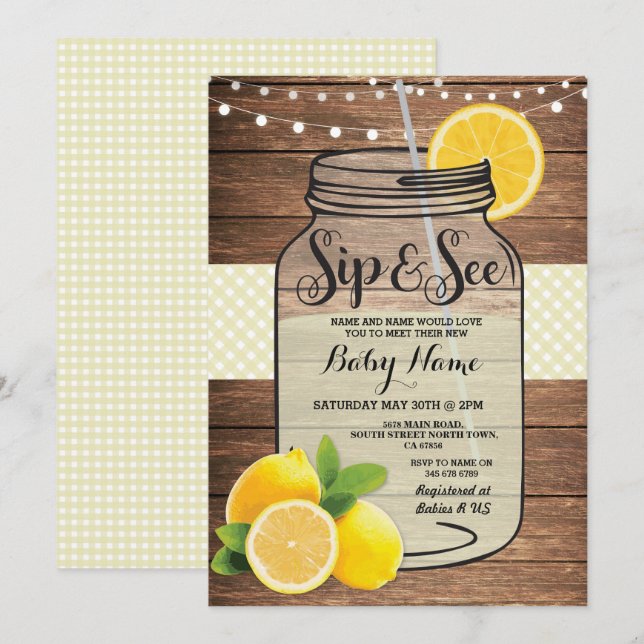 Sip and See Baby Shower Wood Rustic Yellow Invite (Front/Back)