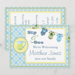 Sip and See  Blue Gingham Bunting Baby Shower Invitation