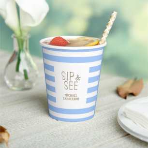 Sip and See Blue Striped Baby Boy Party Paper Cups