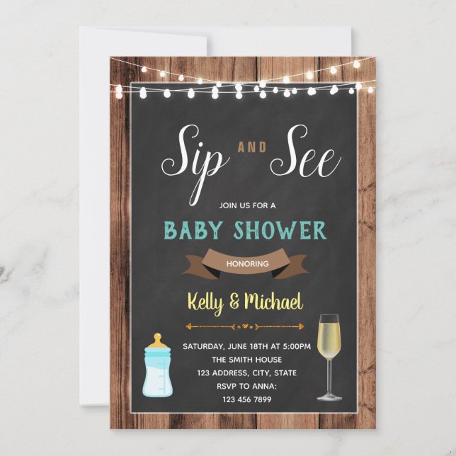 Sip and see boy shower party invitation (Front)