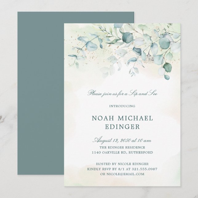 Sip and See Gender Neutral Eucalyptus Greenery Invitation (Front/Back)