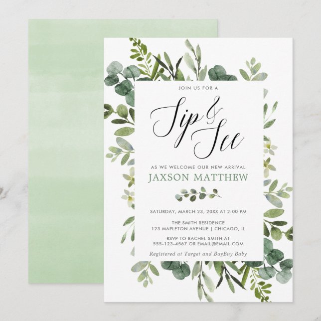 Sip and see gender neutral eucalyptus greenery invitation (Front/Back)