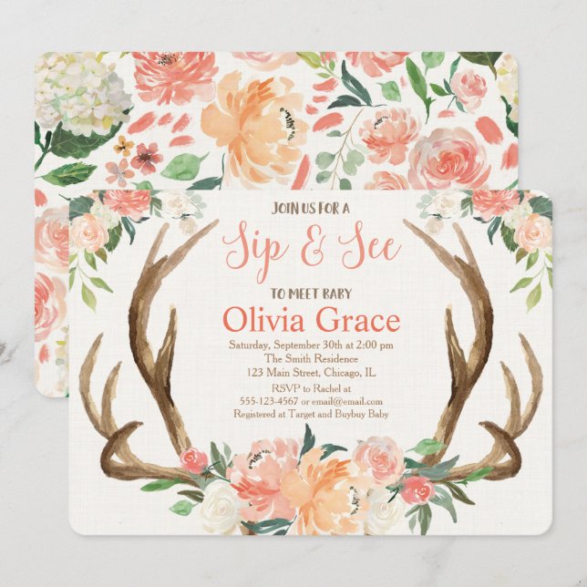 Sip and See girl baby shower invitation meet greet (Front/Back)