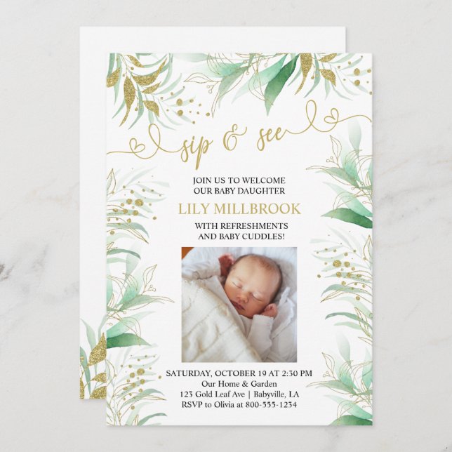 Sip and See Greenery Green and Gold Elegant Invitation (Front/Back)