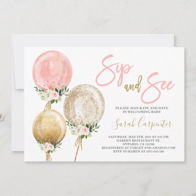 Sip and See pink balloons baby shower girl Invitat Invitation (Front)