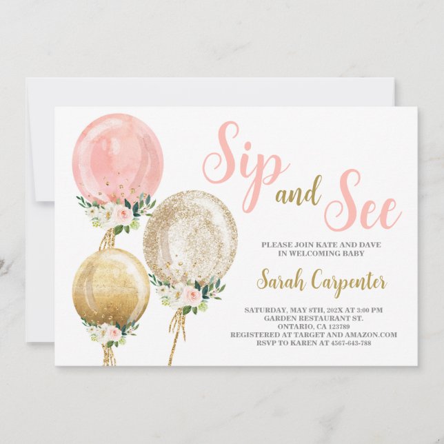 Sip and See pink balloons baby shower girl Invitation (Front)