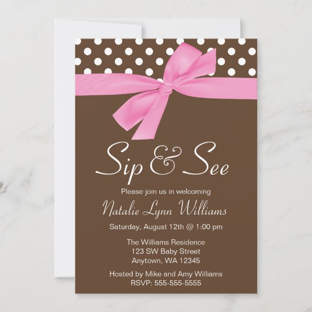 Sip and See Pink Brown Polka Dot Bow Invitation (Front)