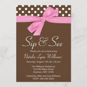 Sip and See Pink Brown Polka Dot Bow Invitation