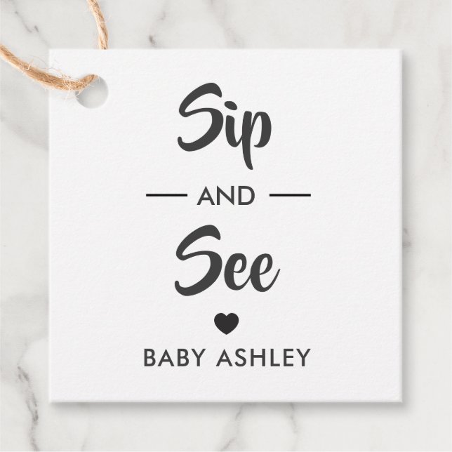 Sip and See Tag, New Baby Gift Tag, Baby Shower Favour Tags (Front)