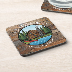 Sip Back and Relax Log Cabin Personalized Coaster