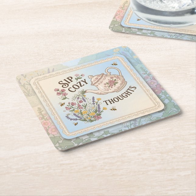 Sip Cozy Thoughts Square Paper Coaster (Angled)