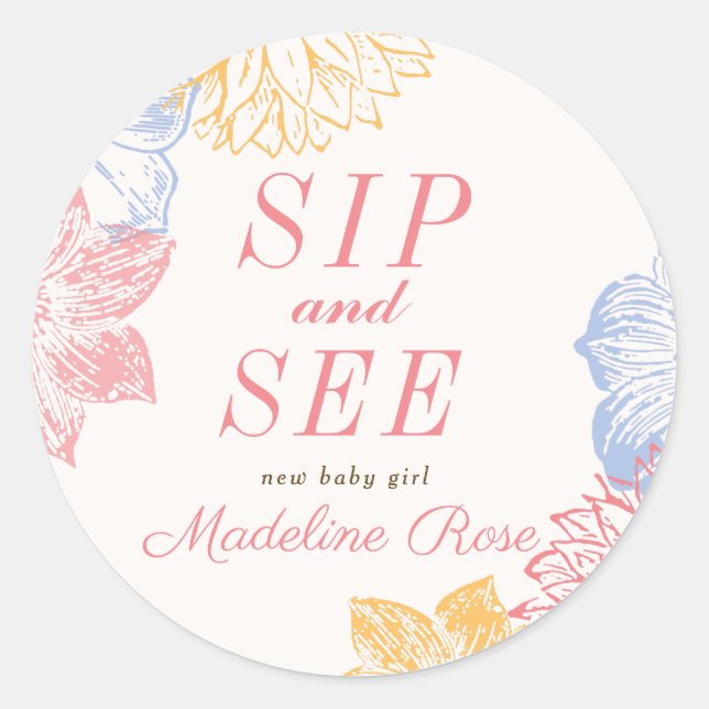 Sip et voir Baby shower Étiquette Floral moderne (Devant)